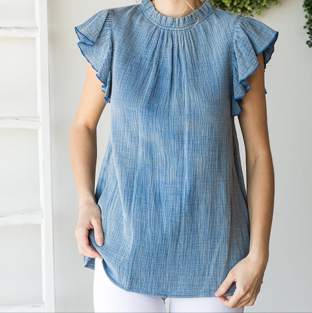 JODIFL Denim Blue Ruffle Sleeve - Picture 2 of 6